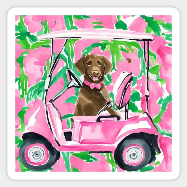 Preppy brown Labrador in a golf cart Sticker by SophieClimaArt
